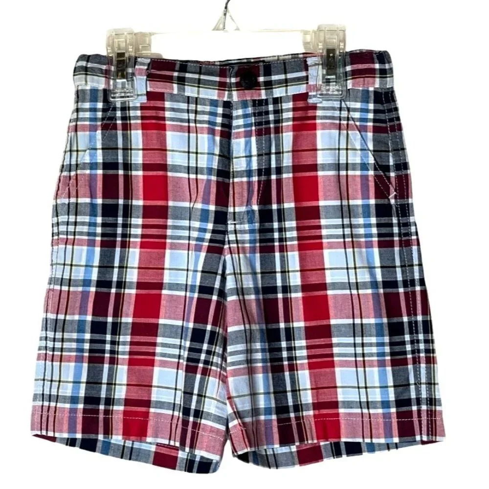 E-Land Red Blue And Black‎ Cotton Plaid Adjustable Waist Shorts Size 4